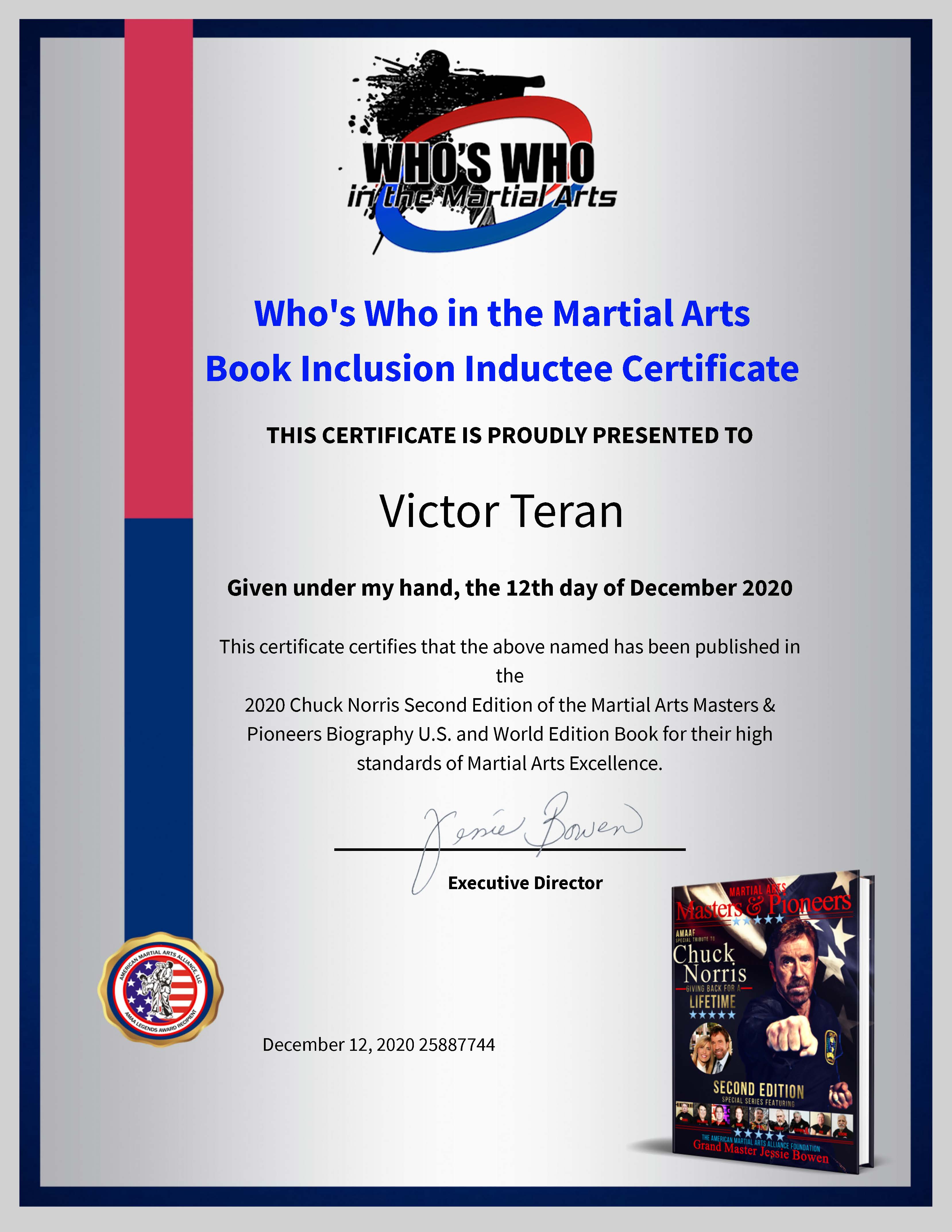 MARTIAL ARTS BOOK INCLUSION INDUCTEE CERTIFICATE